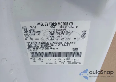 2013 Ford F-150 Lariat from USA, damaged, VIN 1FTFX1EF6DFA01634